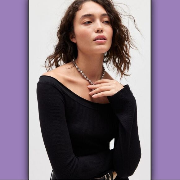 BDG Stella Boatneck Waffle knit Long Sleeve Tee Black - Picture 3 of 16